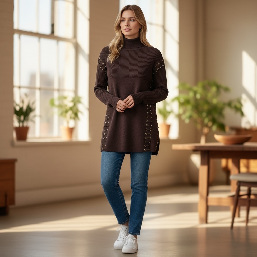 Woman's XL Chocolate Brown Turtleneck Sweater with Side and Arm Lace-Up Detail